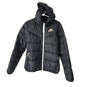 Nike Puffer Jacket Womens Medium Black Hooded Down Full Zip Winter Coat Logo